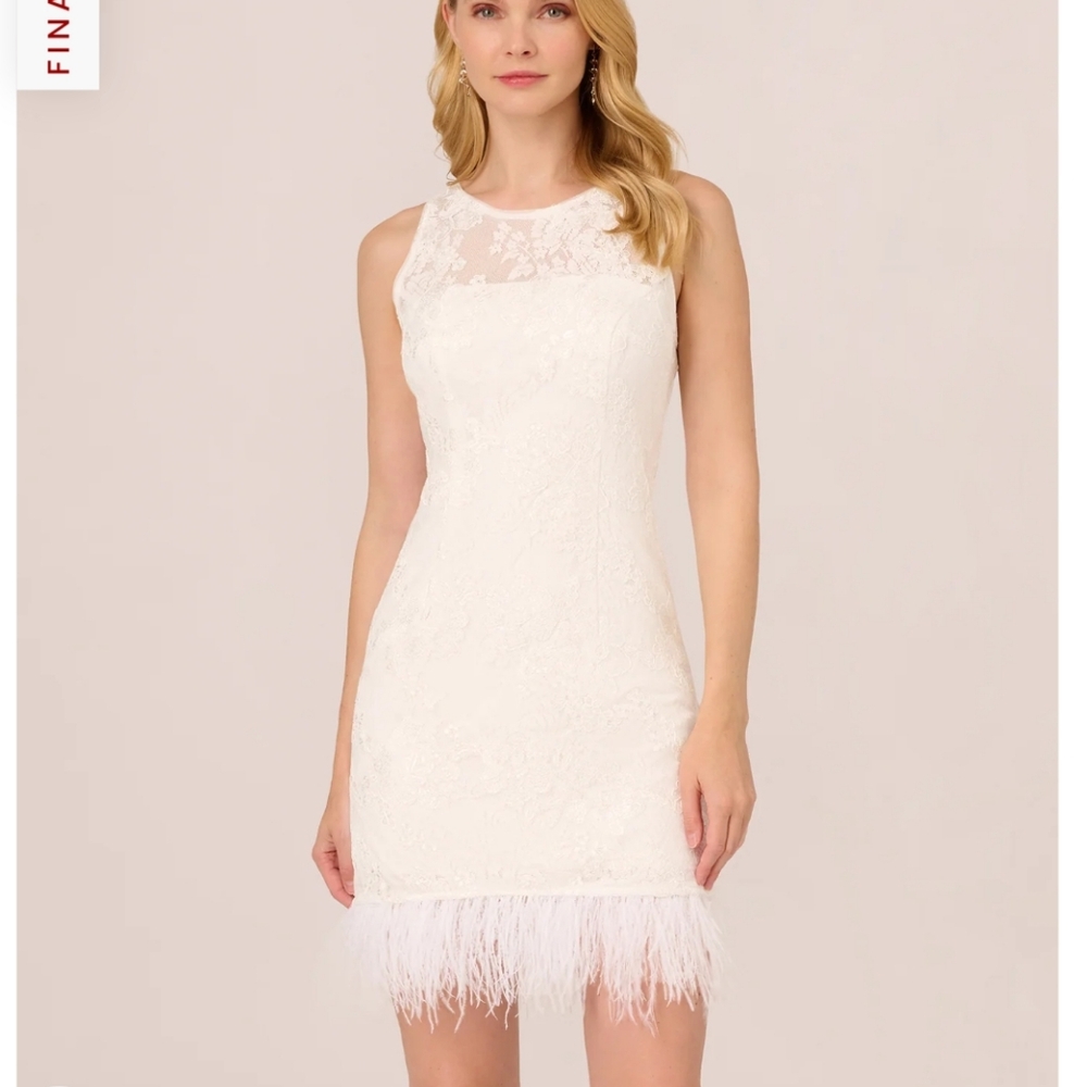 Adrianna PapellSleeveless Floral Lace Dress With Feather Trim In Ivory
